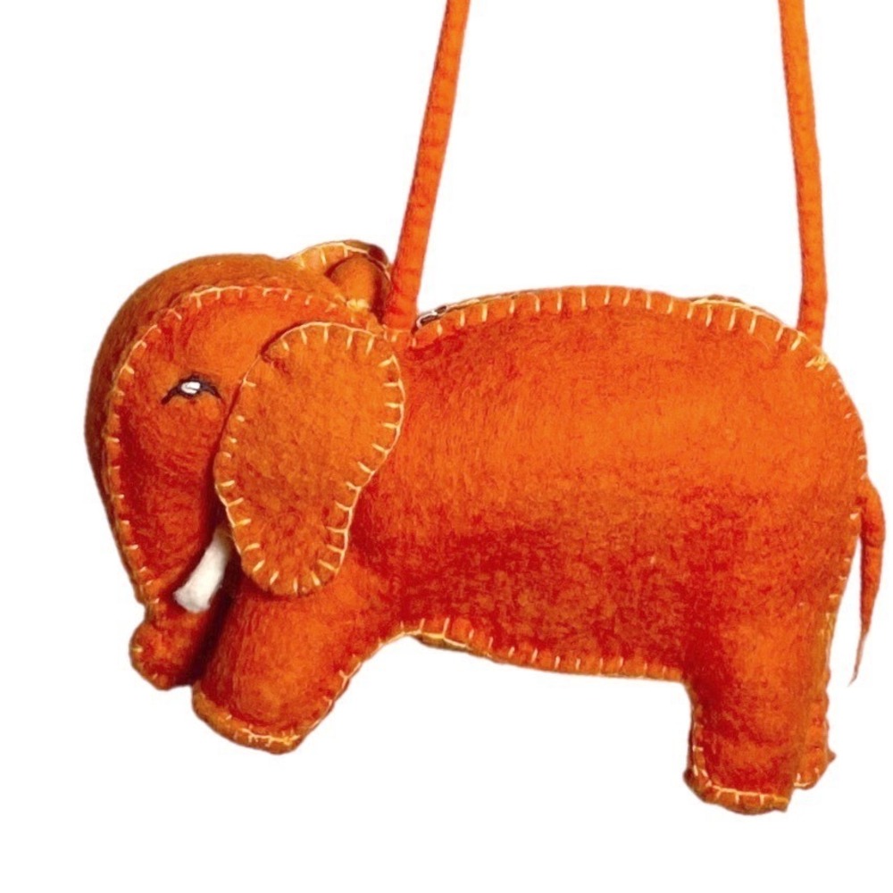 Felt Wool Elephant Bag Nepal Handmade Boho Crossbody Orange Zipper Cute